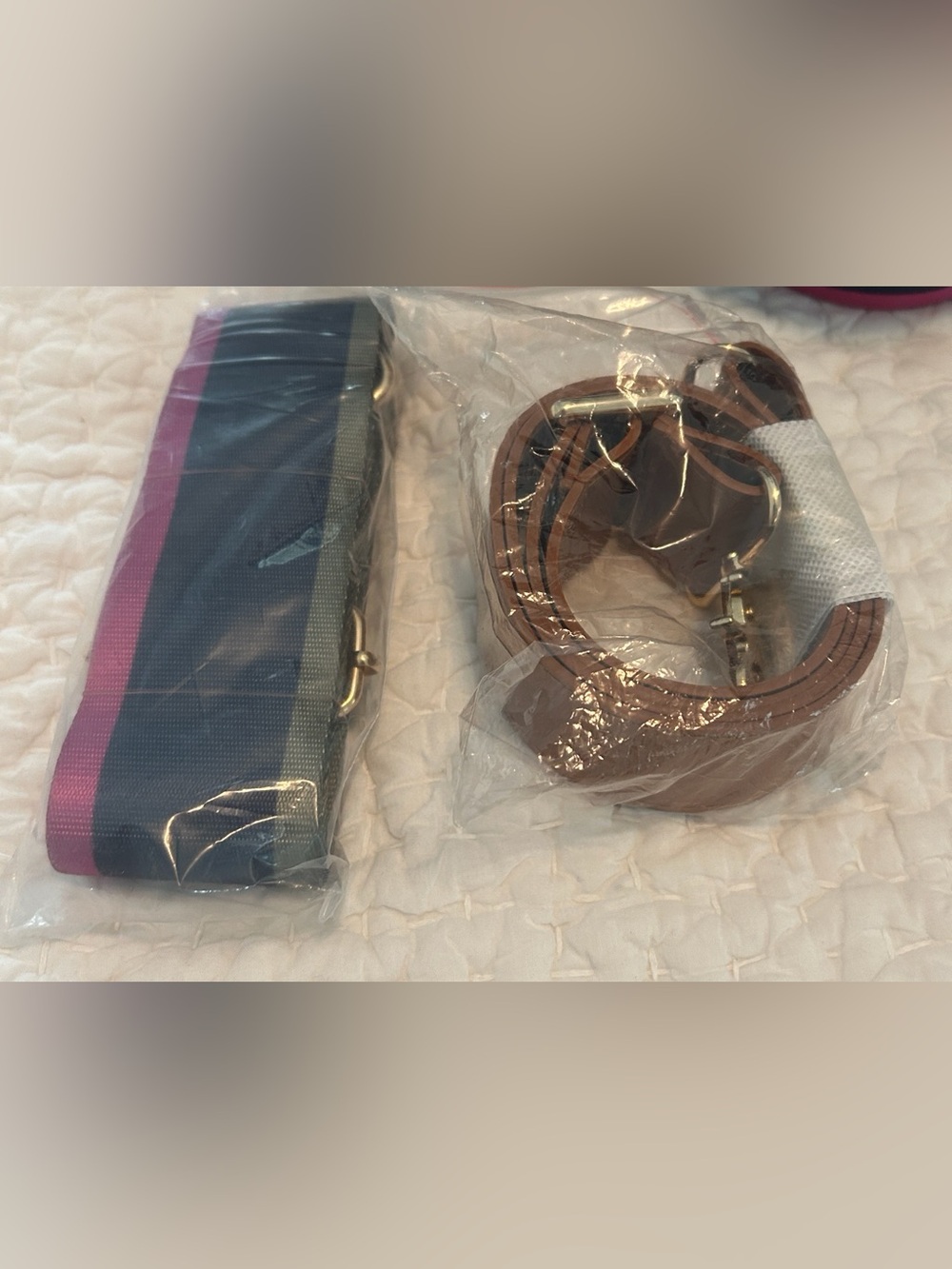 Bagging Rights -Navy Canvas Tote with Pink & Olive Center Stripe and Tan Handles - Picture 4 of 5